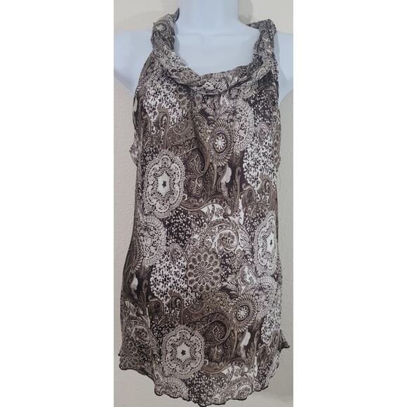 Dressbarn Brown White Floral Print Rolled Collar Sleeveless Shirt Medium Flowy - Picture 1 of 6